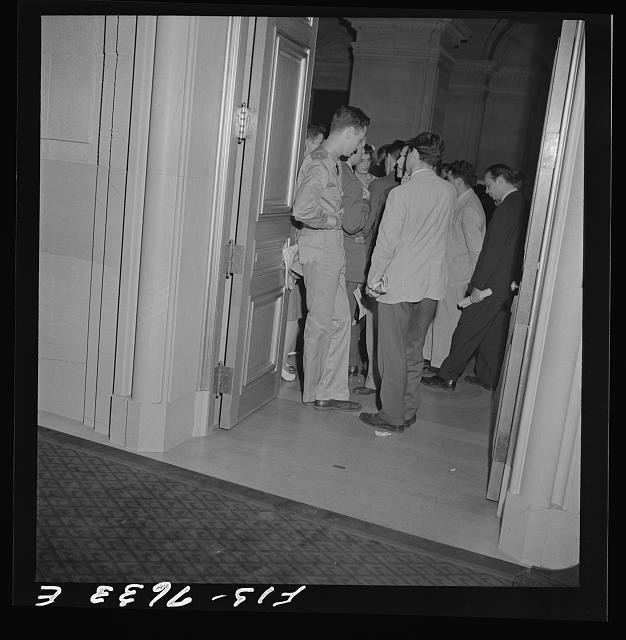 Photo:Men at Doorway Interior 1930s 1940s Group Waiting Scene