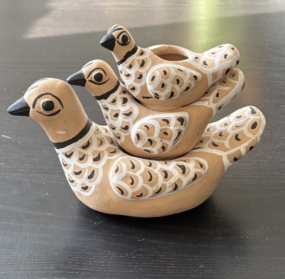 Vtg Tonala Mexican Bird 3 Sizes Pottery Clay Hand Painted Folk Art Stacking