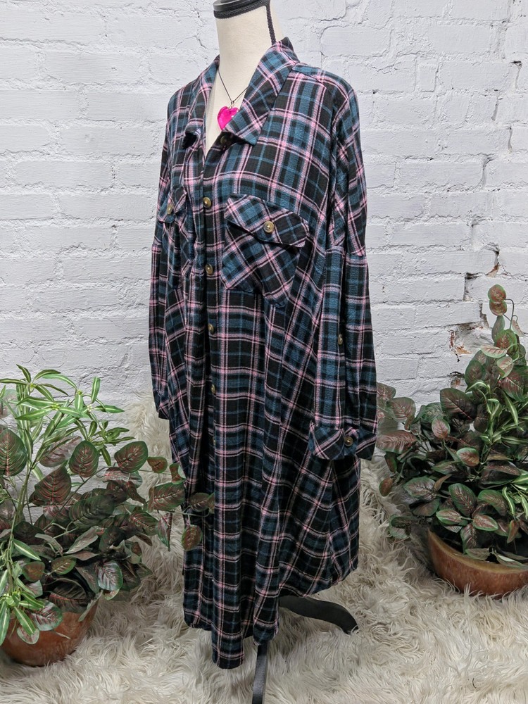 Torrid Pink Green Plaid Open Front Long Boho Duster 5X NWT