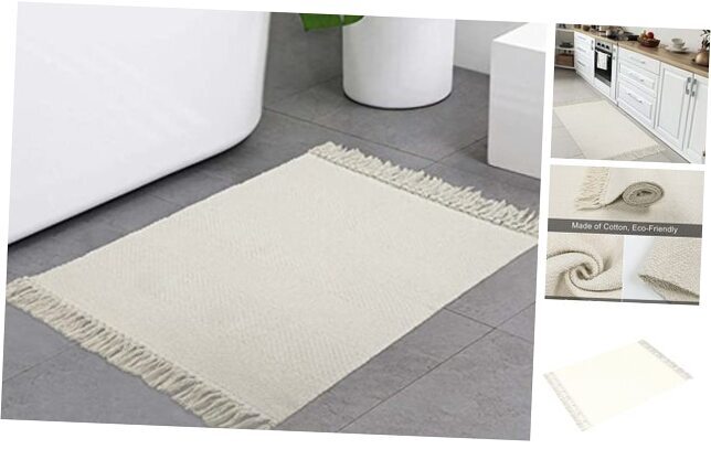 Small Bathroom Rug, 2' x 3' Hand-Woven Low Profile Front 2' X 3' White/Beige