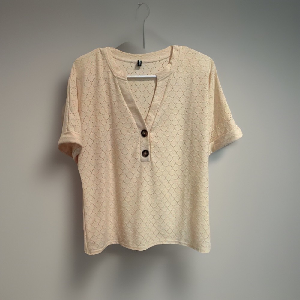 Flamingo Solid Yellow V-Neck Short Sleeve Button Knit T-Shirt Women’s L