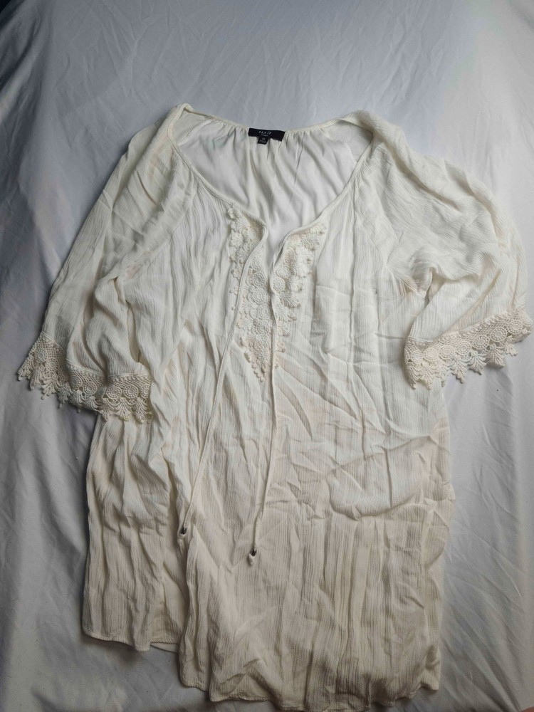Naif Tunic Blouse Womens Ivory Crochet Boho Lagenlook Coastal Tie Neck 2X Plus