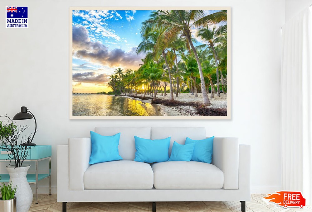 (Laminated) Palm Trees Near Sea Sunset Photograph 91x61cm