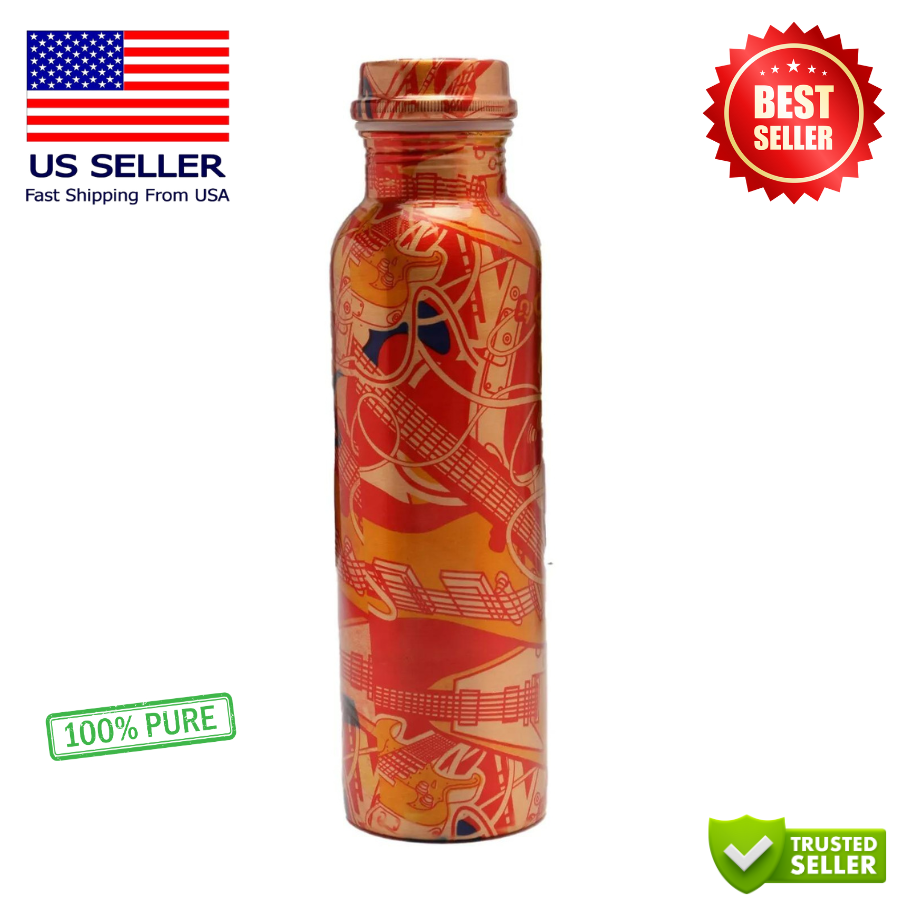 Guitar Print Copper Water Bottle 1000ml Ayurveda Health Benefits Leak Proof
