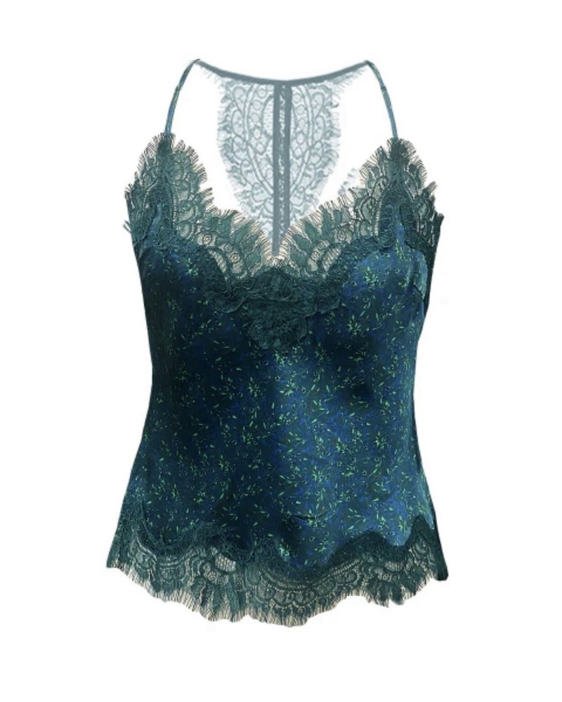 Gold Hawk Printed Lucy Cami 100% Silk Cypress Teal Green Lace Y2K Tank Small