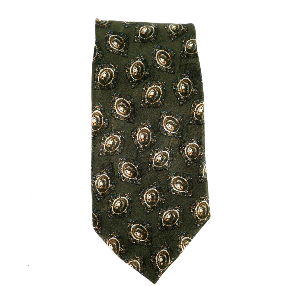 ERMENEGILDO ZEGNA Men's 100% Silk Necktie ITALY Luxury Badge Green/Tan EUC