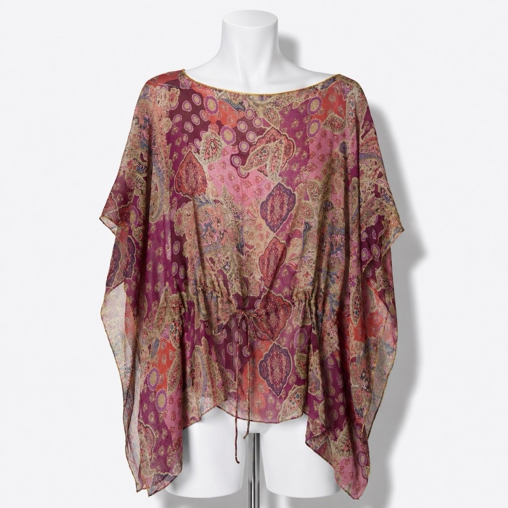 Lauren Ralph Lauren Silk Caftan Top Cover-Up Sz L Purple Pink Beige Floral Sheer