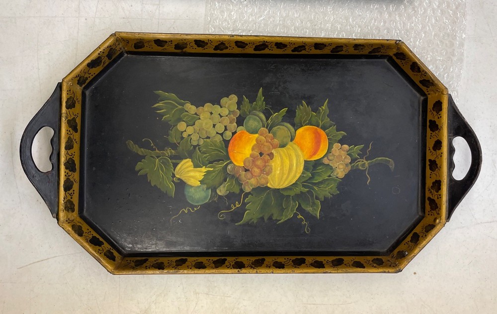 Antique Toleware Tray - Fruit Floral Grapes Hand Painted 10”x20