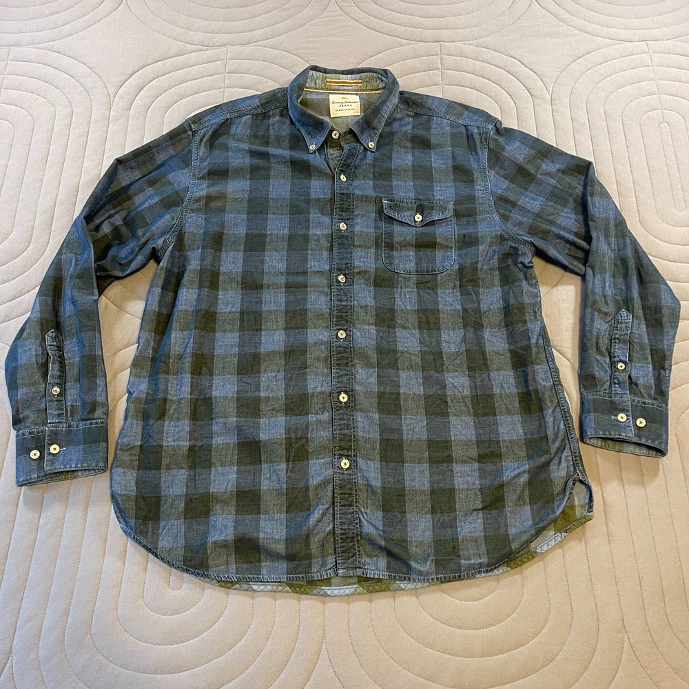 Tommy Bahama Jeans Flannel Shirt Mens Large Blue Plaid Button Down Long Sleeve