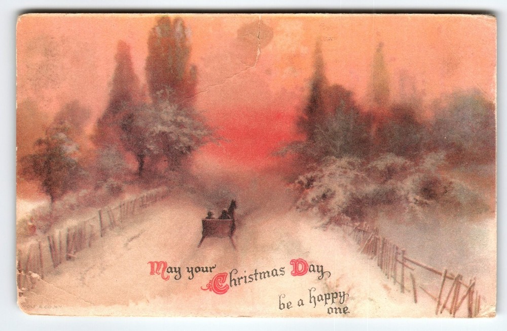Vintage 1921 Christmas Postcard Horse-Drawn Sleigh Winter Scene