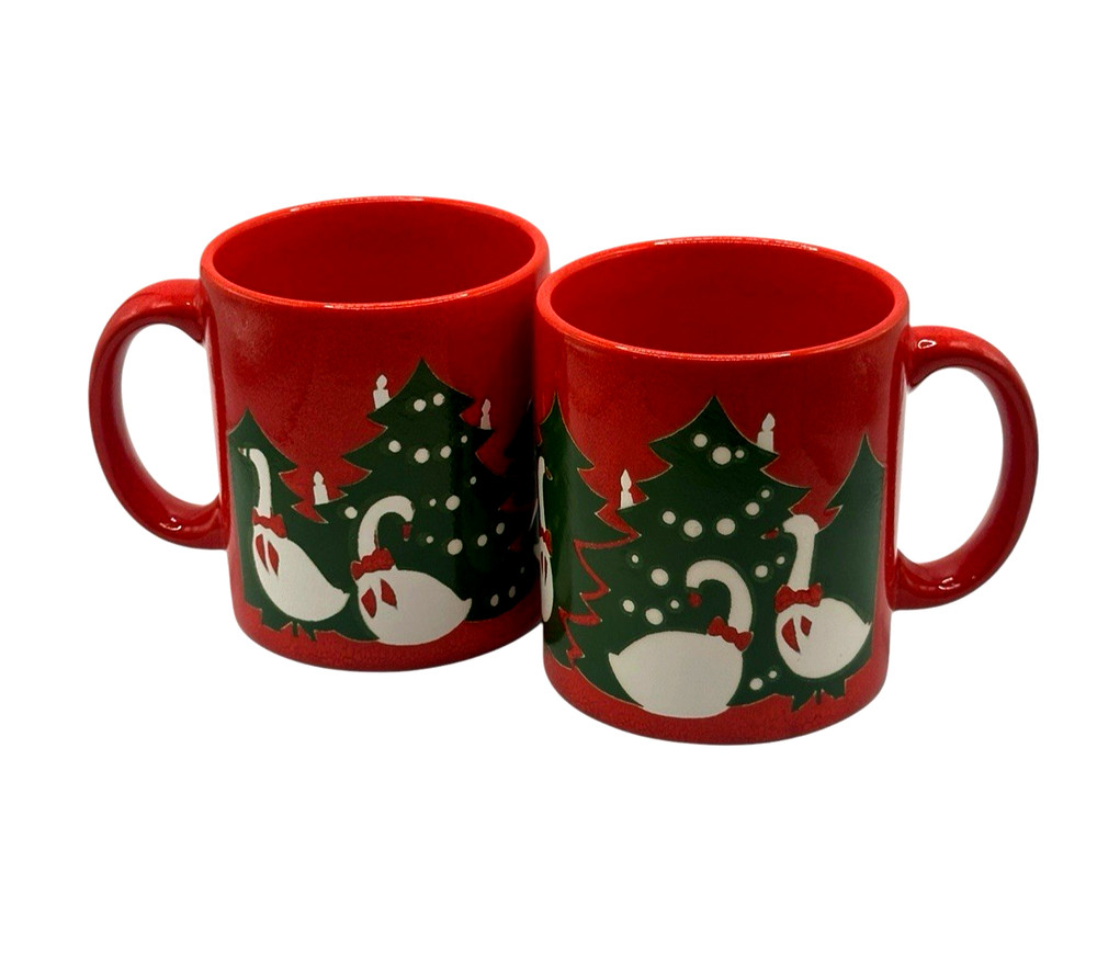 Vintage Waechtersbach White Geese W/Christmas Tree W. Germany Coffee Mug Set (2)