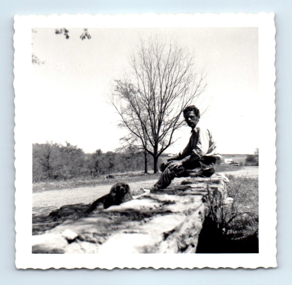 Old Vintage Square Photo SOLO MAN AND DOG SITTING ALONG ROAD CALIFORNIA PIC