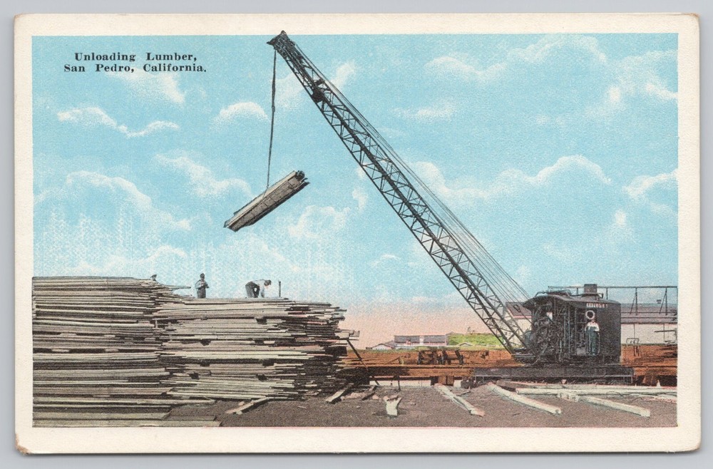 Unloading Lumber San Pedro California CA Postcard