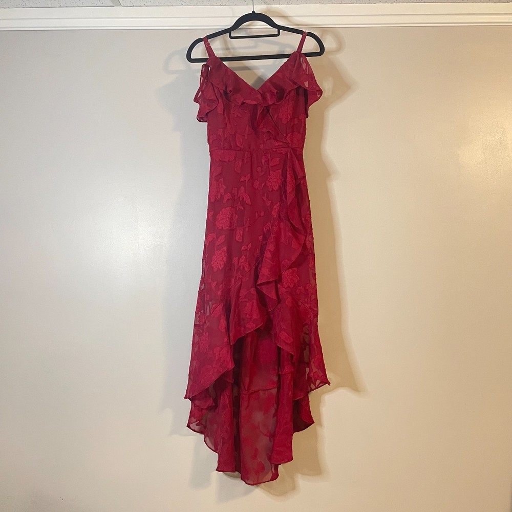 BCX Red High Low Asymmetrical Lace Ruffle Dress Women’s Small Spaghetti Straps