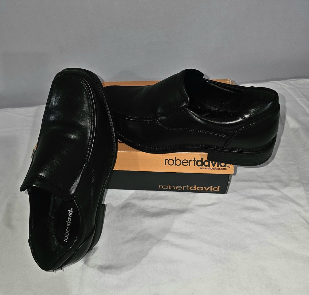 robertdavid Black Leather Men's Slip On Square Toe Dress Shoes Rubber Sole