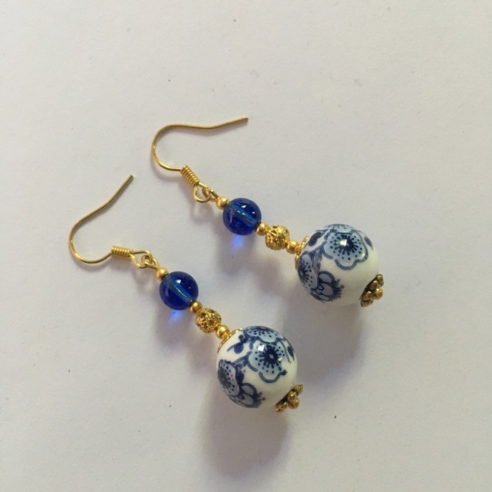 Vintage Blue and White Ceramic Bead Drop Earrings in Gold Plate