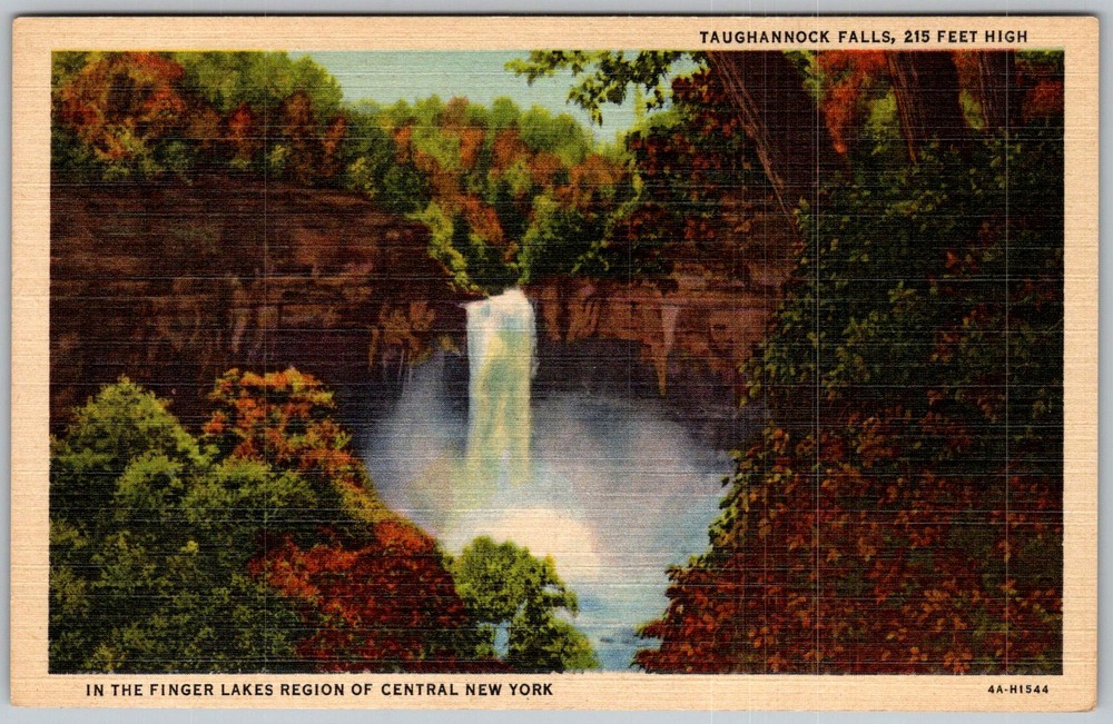 Vtg Linen Postcard Taughannock Falls Waterfall Ithaca, NY 1940s