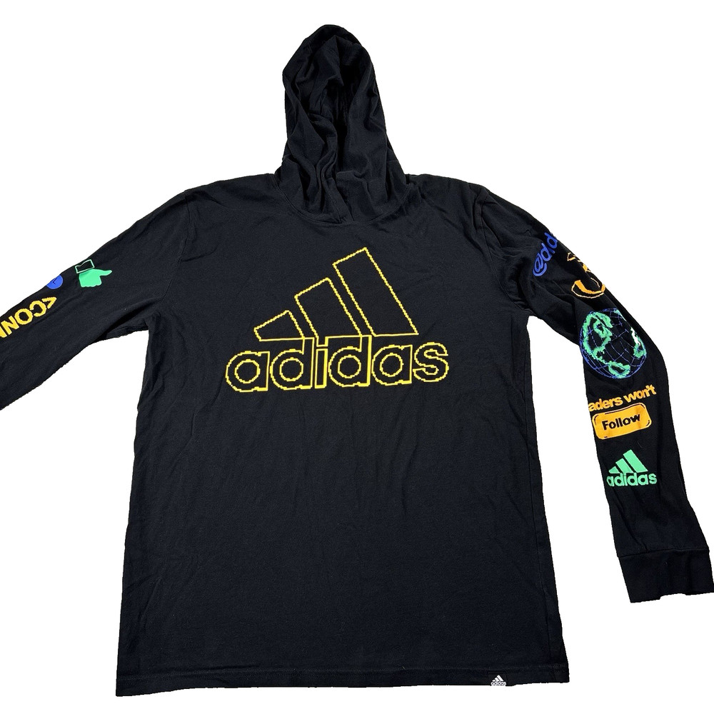 Adidas Hooded Long Sleeve T-Shirt Youth XL(18/20) Women 2X Black Colorful Logo