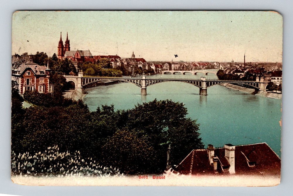 Switzerland- Basel City View Rhine River Bridge Old Post Vintage c1911 Postcard