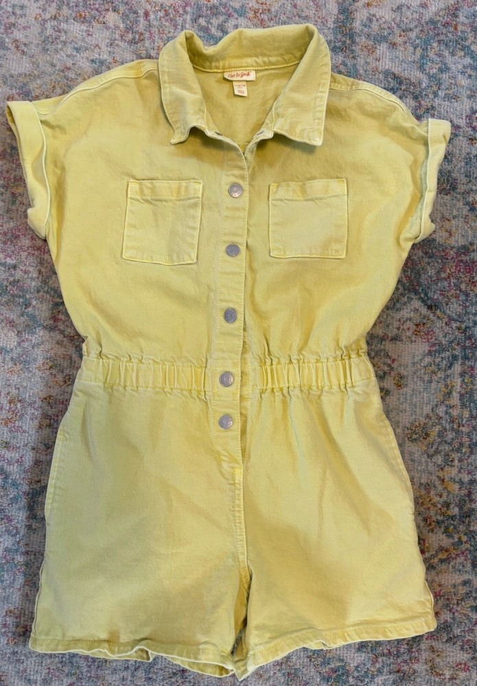 Girls L Large 10/12 Light Yellow Snap Romper with Pockets Short Sleeve Cat Jack