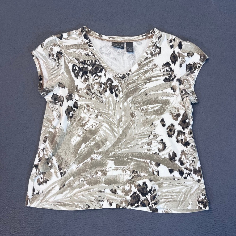 Additions by Chicos Womens Size 2 Cotton V-Neck Palm Leopard Print Top Neutral