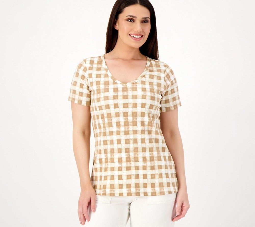 Isaac Mizrahi Live! Women's Top Sz 2XS (XXS) Plaid Pima Cotton Brown A591656