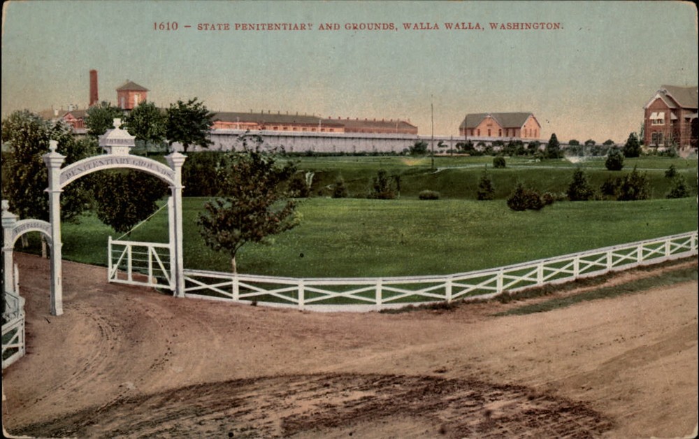 Walla Walla Washington State Penitentiary Grounds white fence vintage postcard