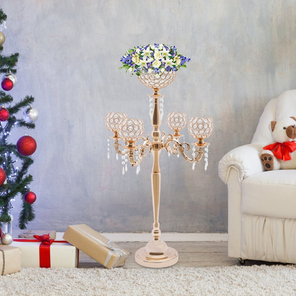 5 Arm Crystal Candelabra Wedding Centerpiece Votive Candle Holder Gold