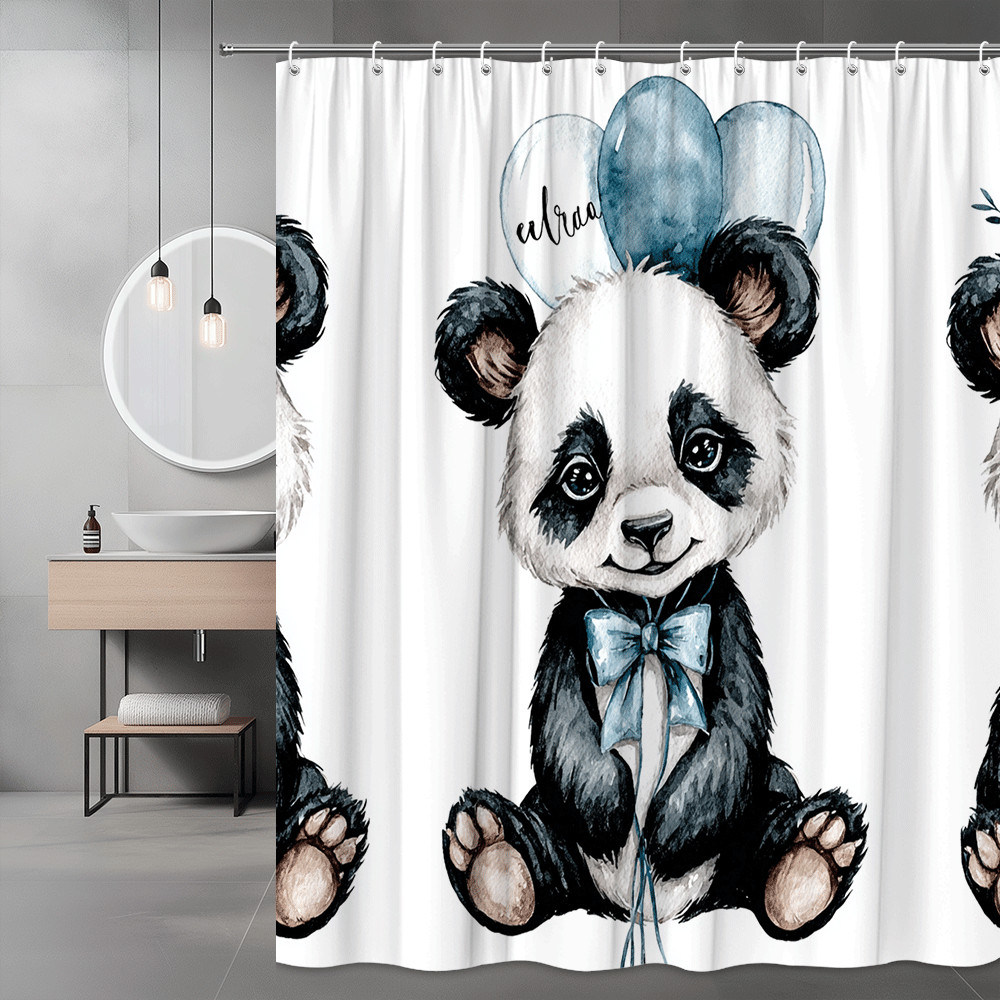 Panda Shower Curtain Watercolor Blue Bow Baby Animal Print
