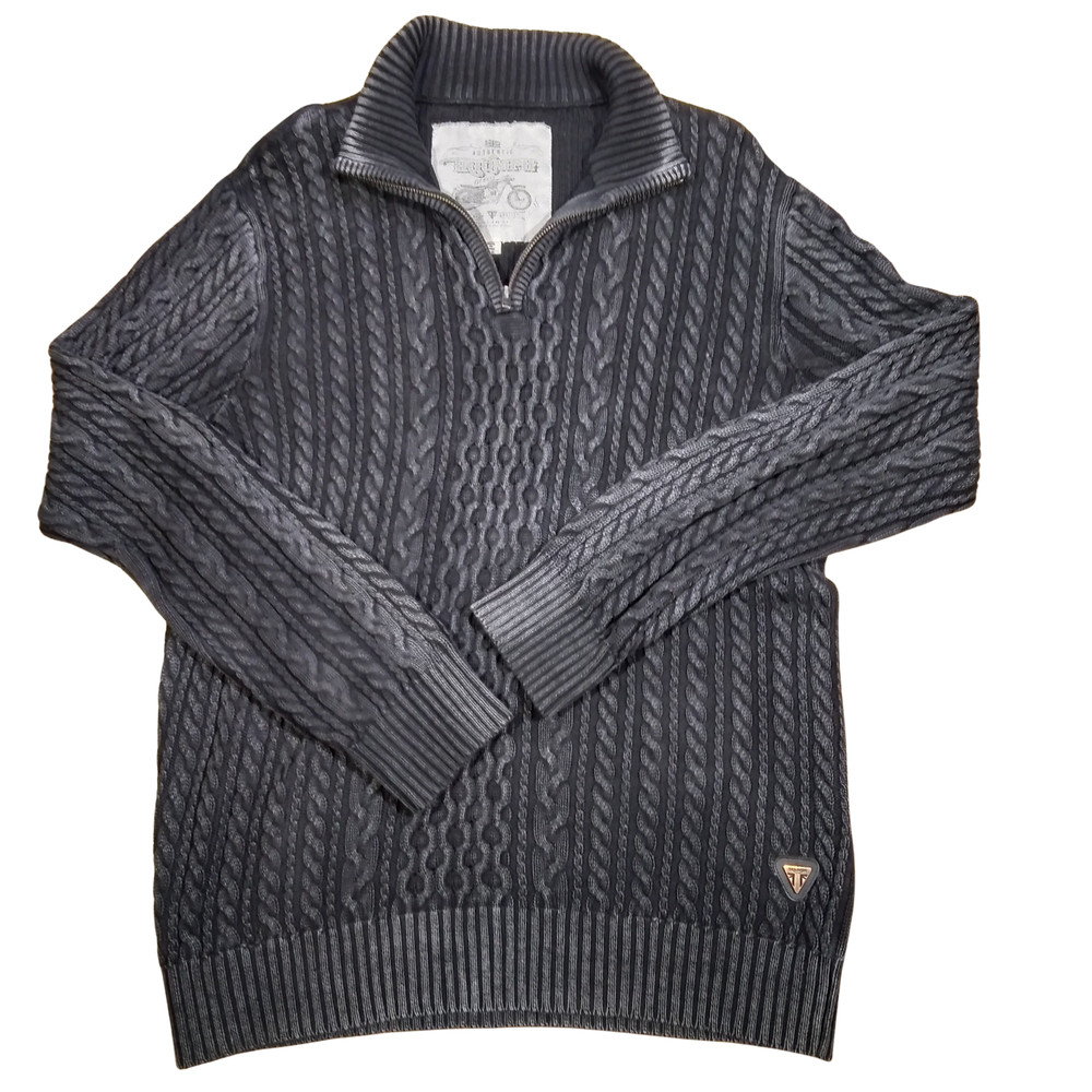 Triumph Motorcycle Mens Cotton Cable Knit 1/4 Zip Distressed Sweater Size Large