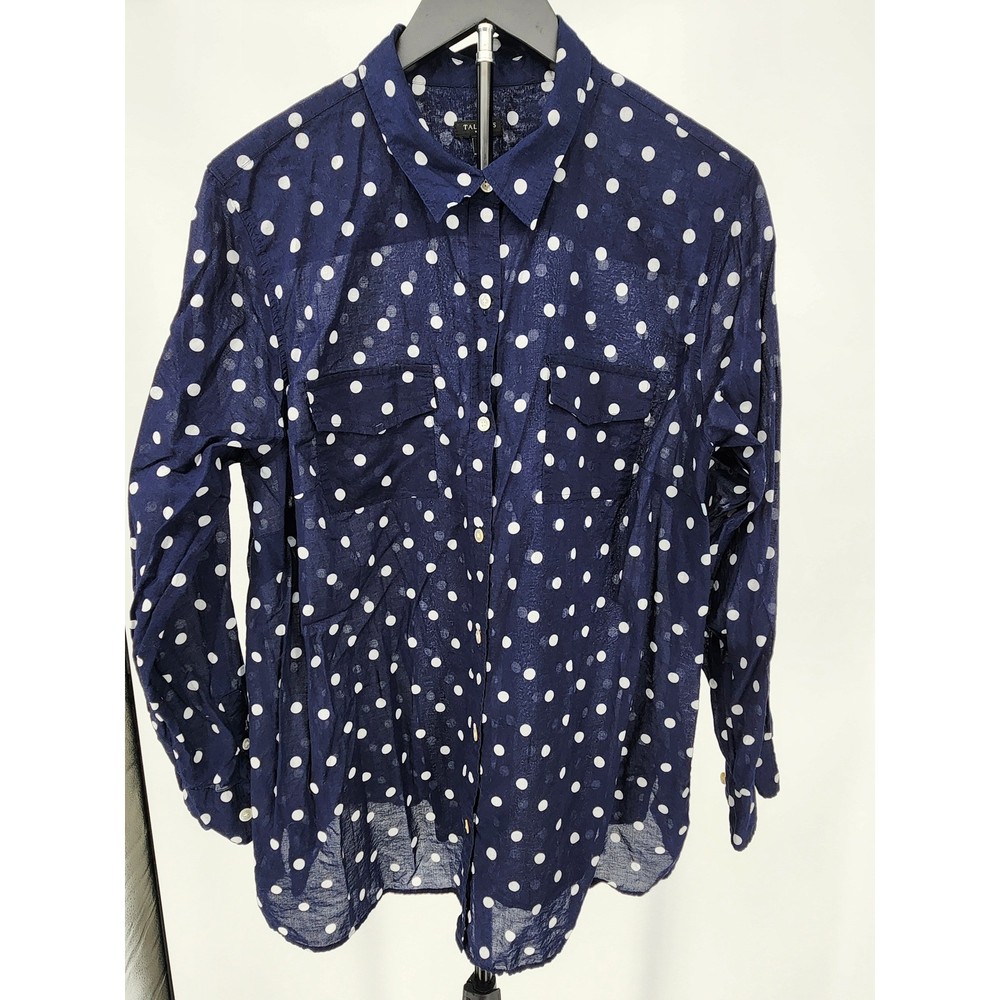 Talbots Woman Navy Blue White Polka Dot Cotton Button Down Shirt Blouse 2X