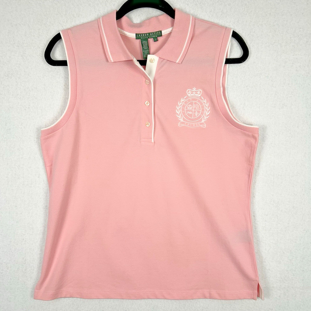 Lauren Active Ralph Lauren Sleeveless Golf Polo Shirt Top Pink Sz L Crest Preppy