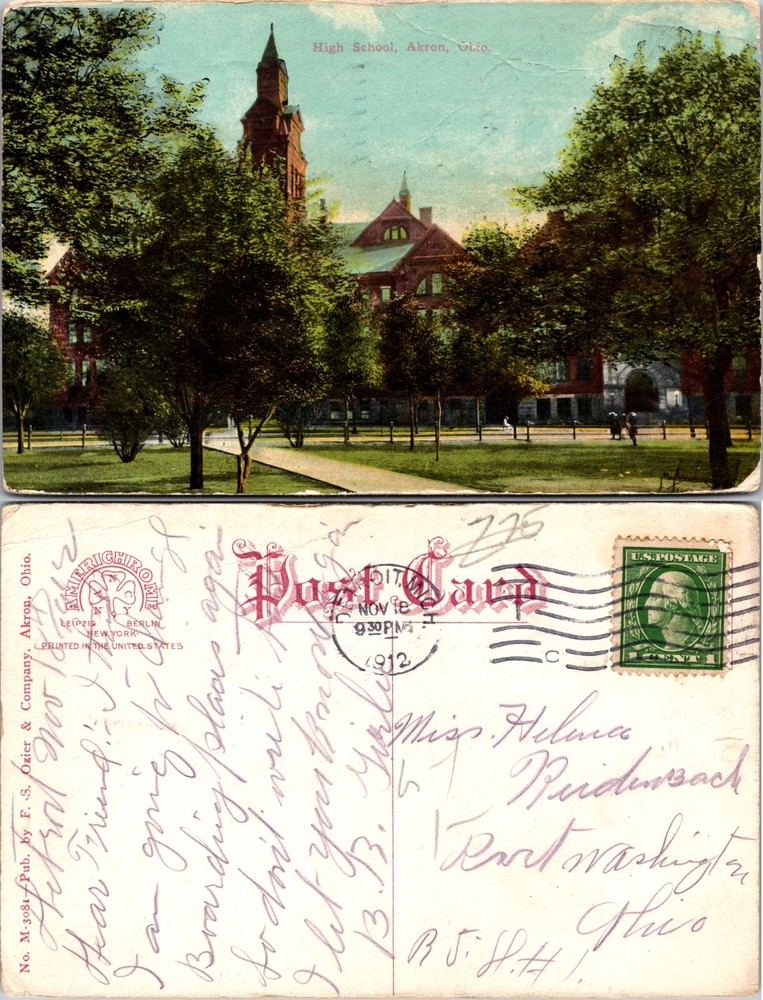 High School Building Akron Ohio Postcard