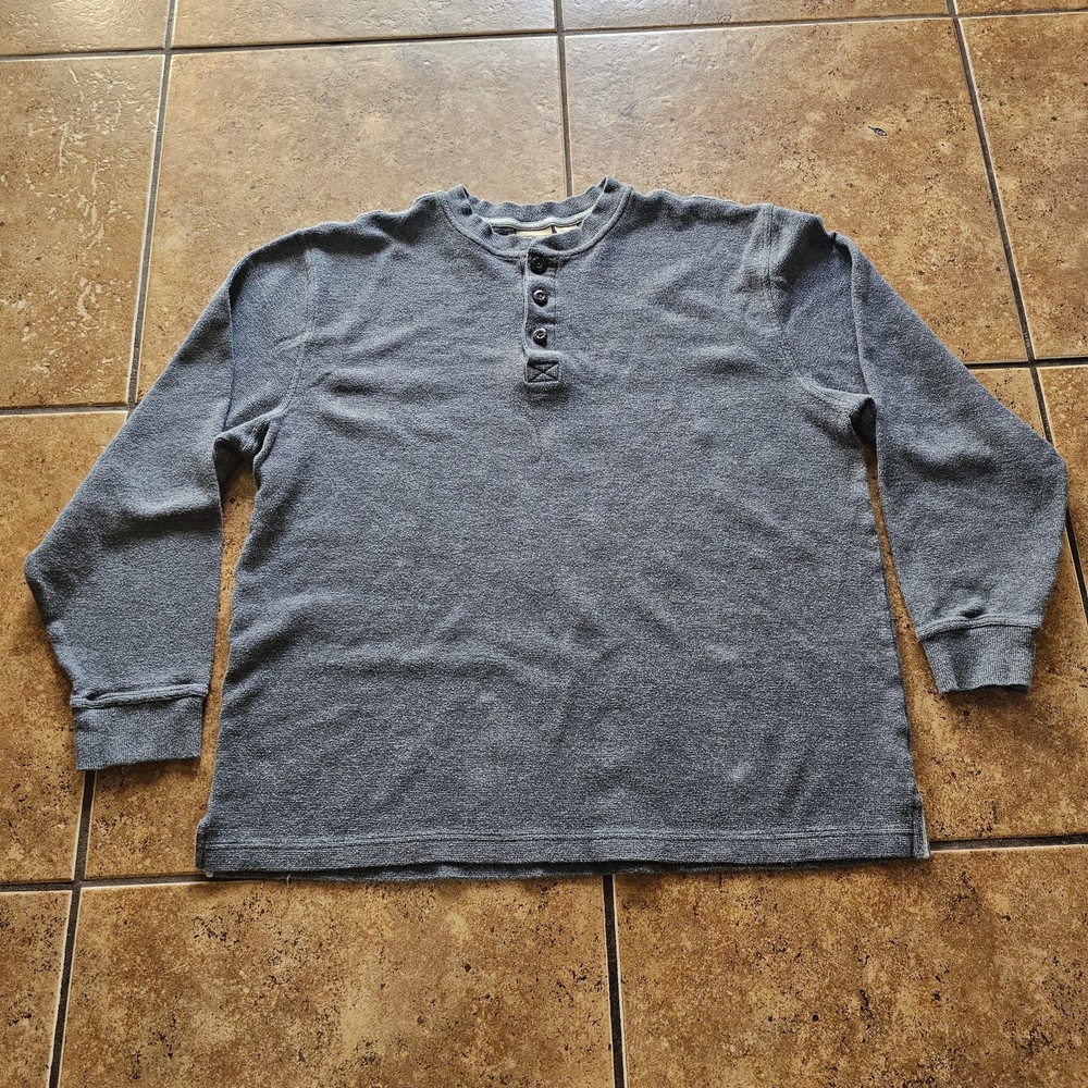 LL Bean Thermal Henley Shirt Men XL Gray Long Sleeve Cotton Mini Waffle Tee