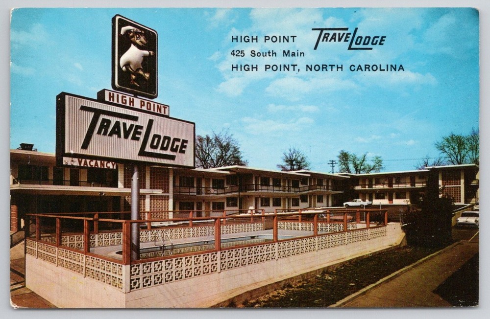 High Point NC Travelodge Motel Postcard Vintage Chrome Sleepy Bear Sign