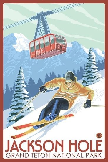 Wyoming Skier and Tram Jackson Hole Vintage Ski Poster Winter Sports Wall Art Pr