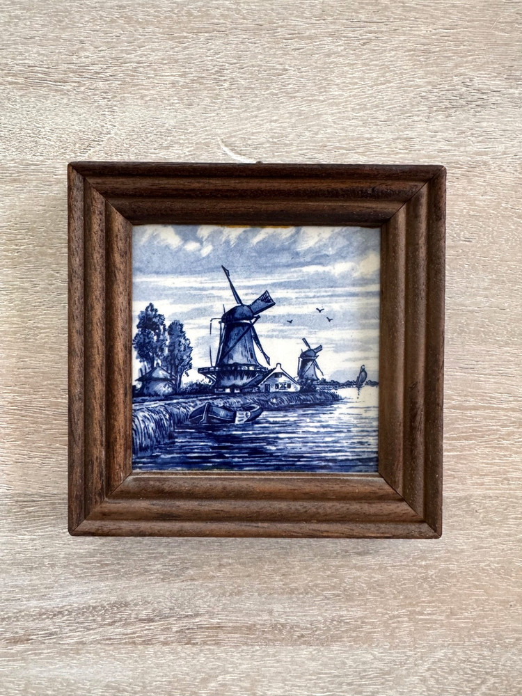 Vintage Delft Blue Hand Painted Holland Windmill Tile Framed Dutch Ceramic Wall