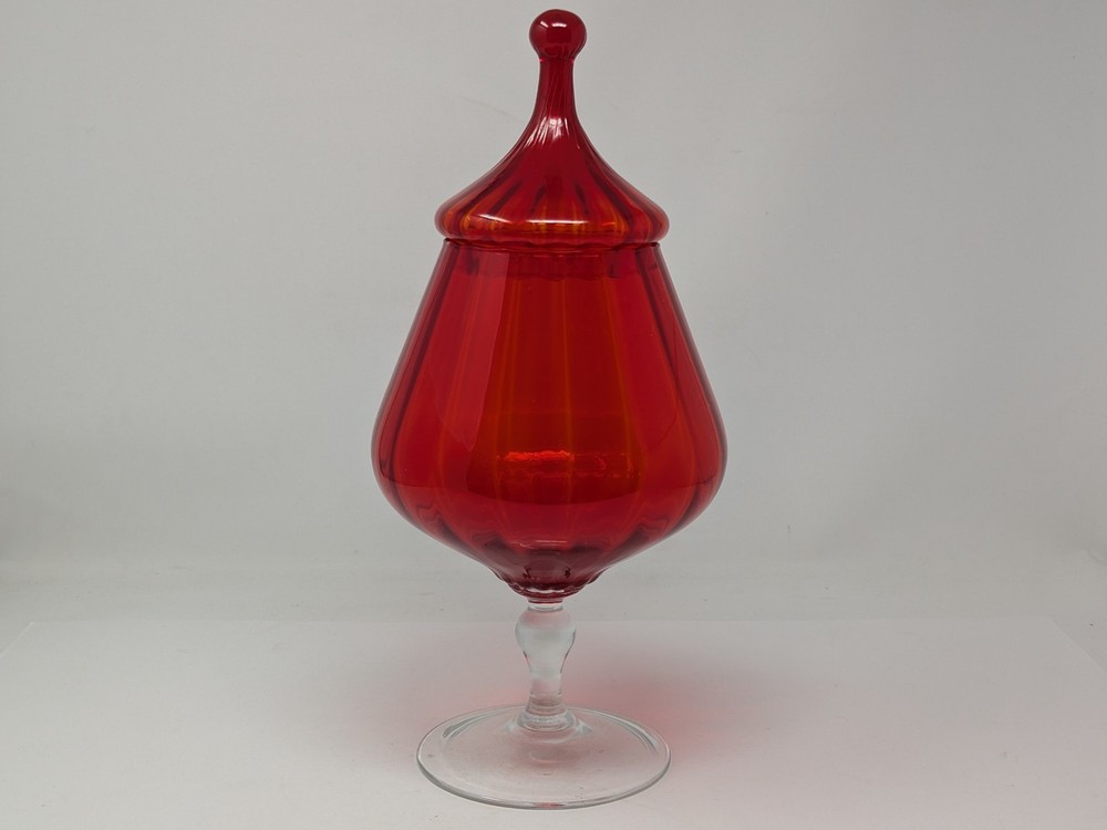 Red Empoli Italy Glass Red Circus Tent Lid Pedestal Apothecary Jar 14”
