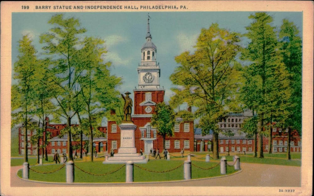 Vintage Linen Postcard Barry Statue & Independence Hall Philadelphia PA