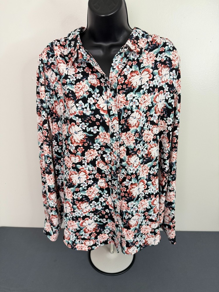 Lauren Conrad Women's Floral Long Sleeve Button Front Top Black Size 2XL Office