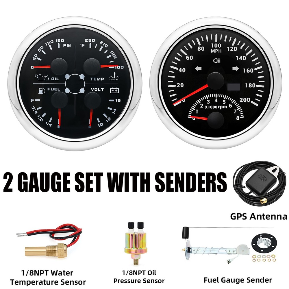 85mm GPS Speedometer 0-200MPH with Tachometer Fuel Oil Temp Volt Gauge Set and Sender