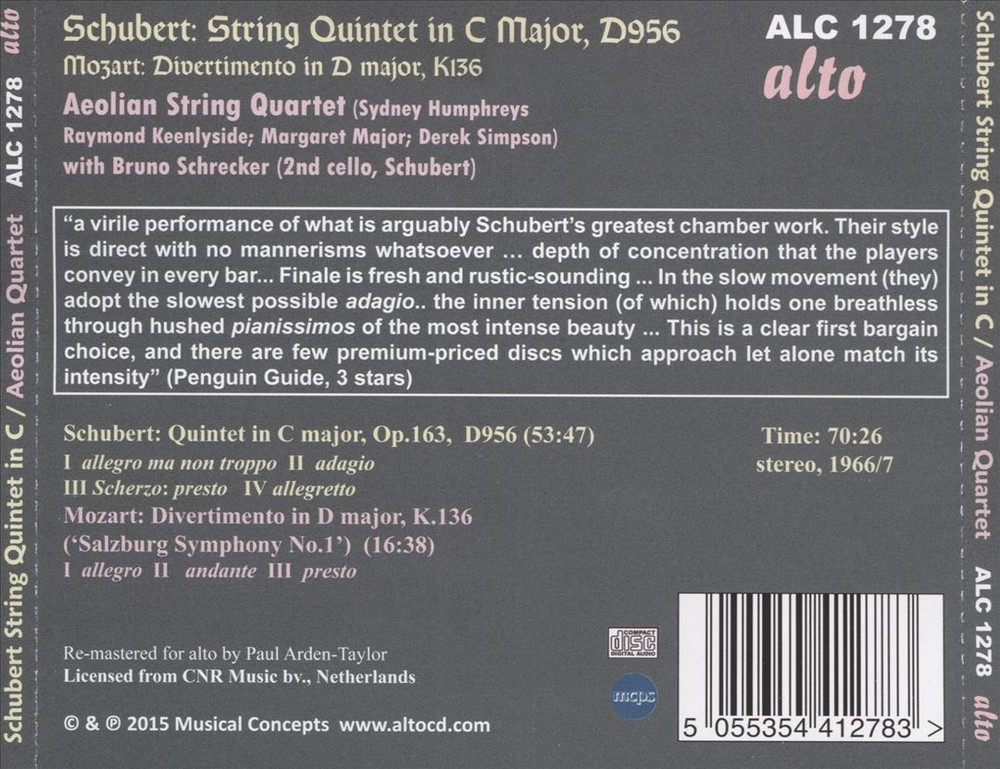Aeolian Quartet / Bruno Schrecker Schubert: String Quintet In C Major; Mozart: D