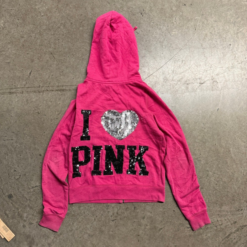 Pink Victoria's Secret Sequin Full Zip Hoodie Fuchsia I Heart PINK Sweatshirt M