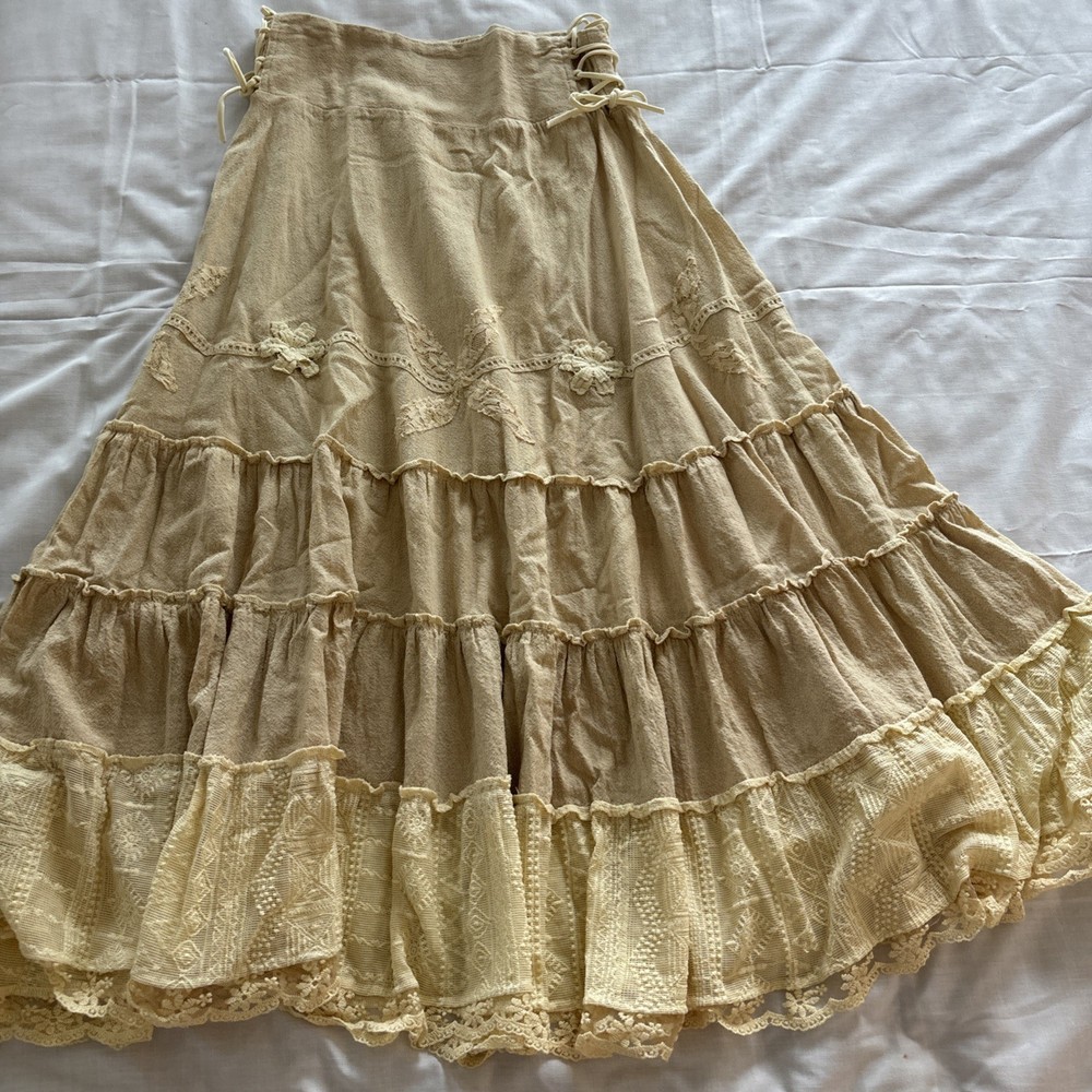 TRIBAL NATURE Boho Cotton Maxi Skirt Boho Tiered Lace Corset Side Sandy Cream OS