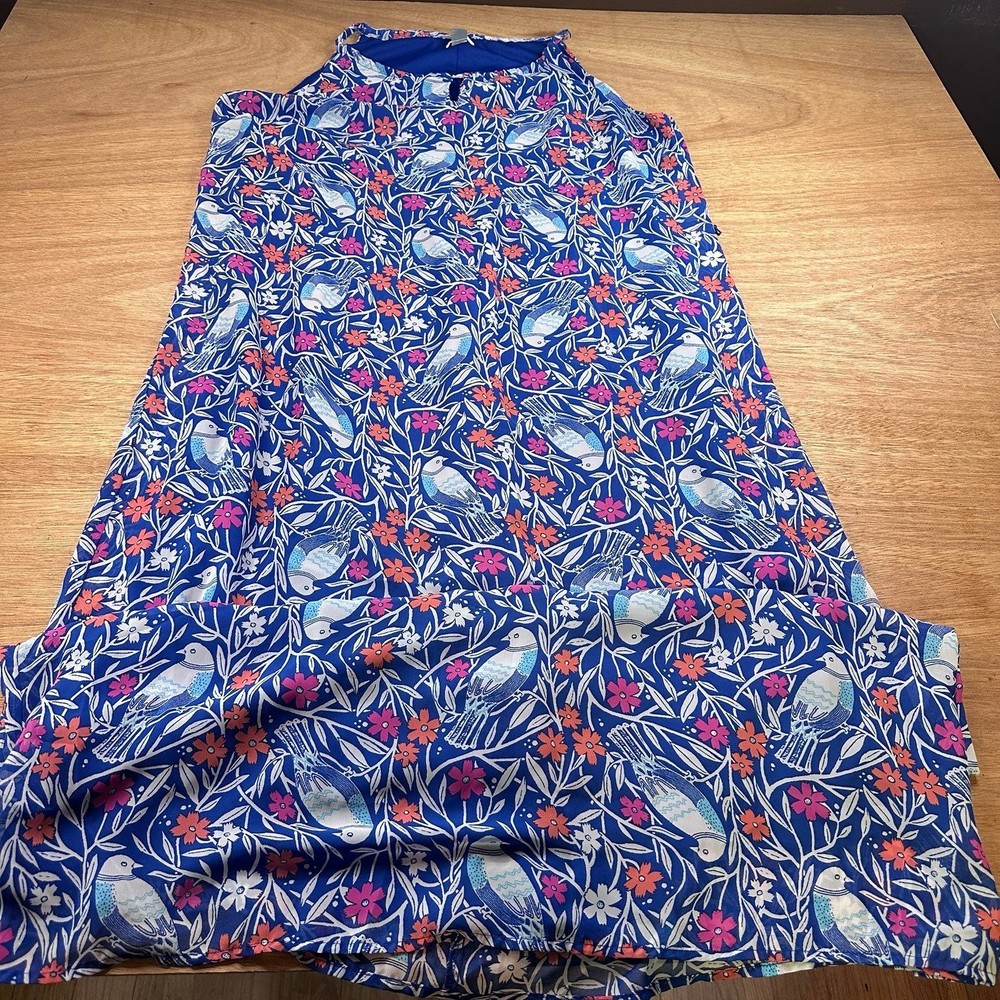 Old Navy Bird Floral Print Maxi Dress L Blue Sleeveless Lined Swing