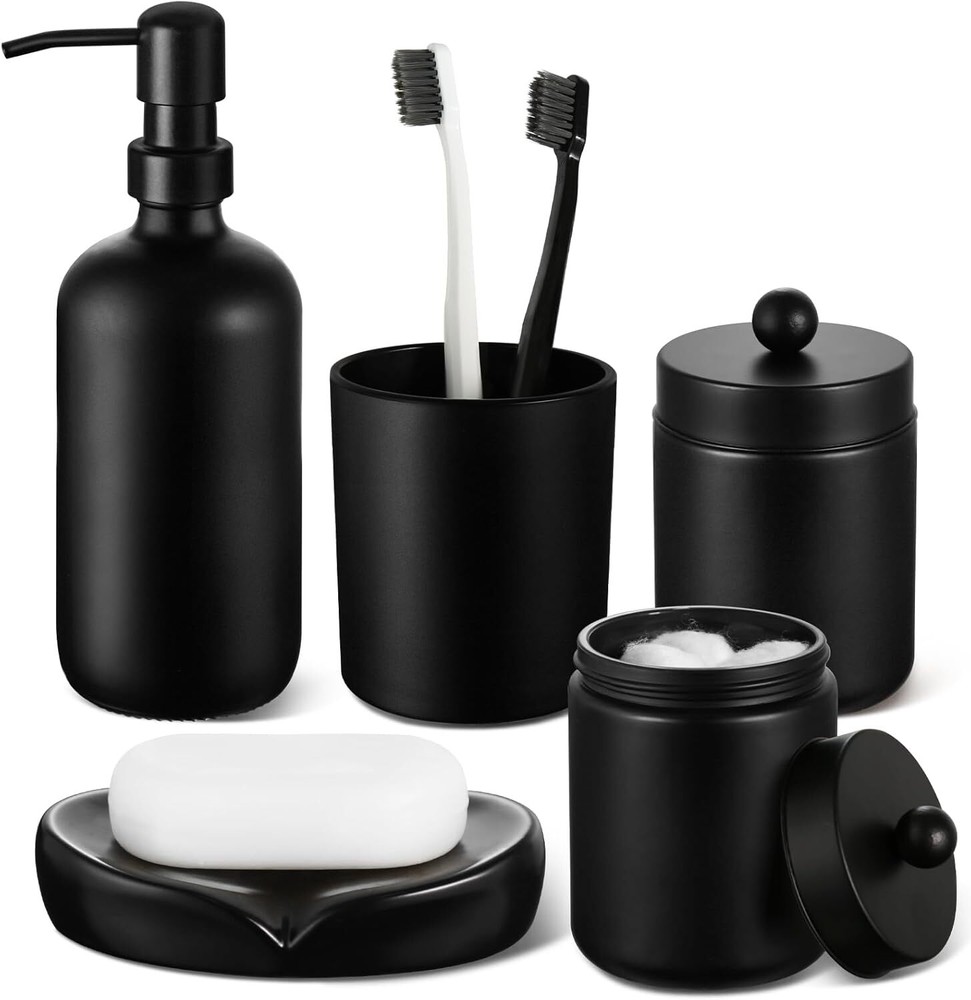 GMISUN 5-Piece Matte Black Bathroom Set with Glass Accents
