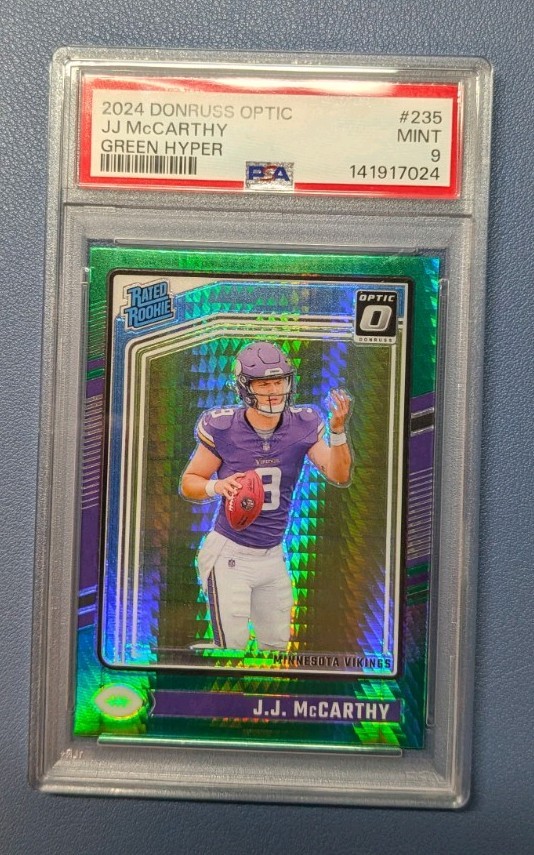 2024 Donruss Optic - J.J. McCarthy #235 Green Hyper Prizm PSA 9 (RC)