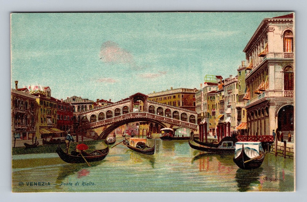 Italy- Venice Rialto Bridge Gondolas Souvenir Postal Old Card Vintage Postcard