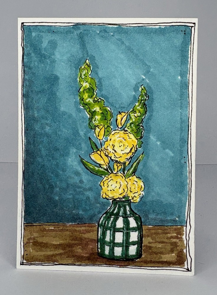 ACEO Original Yellow Flowers Alcohol Marker Drawing On Paper By Janie 2.5x3.5