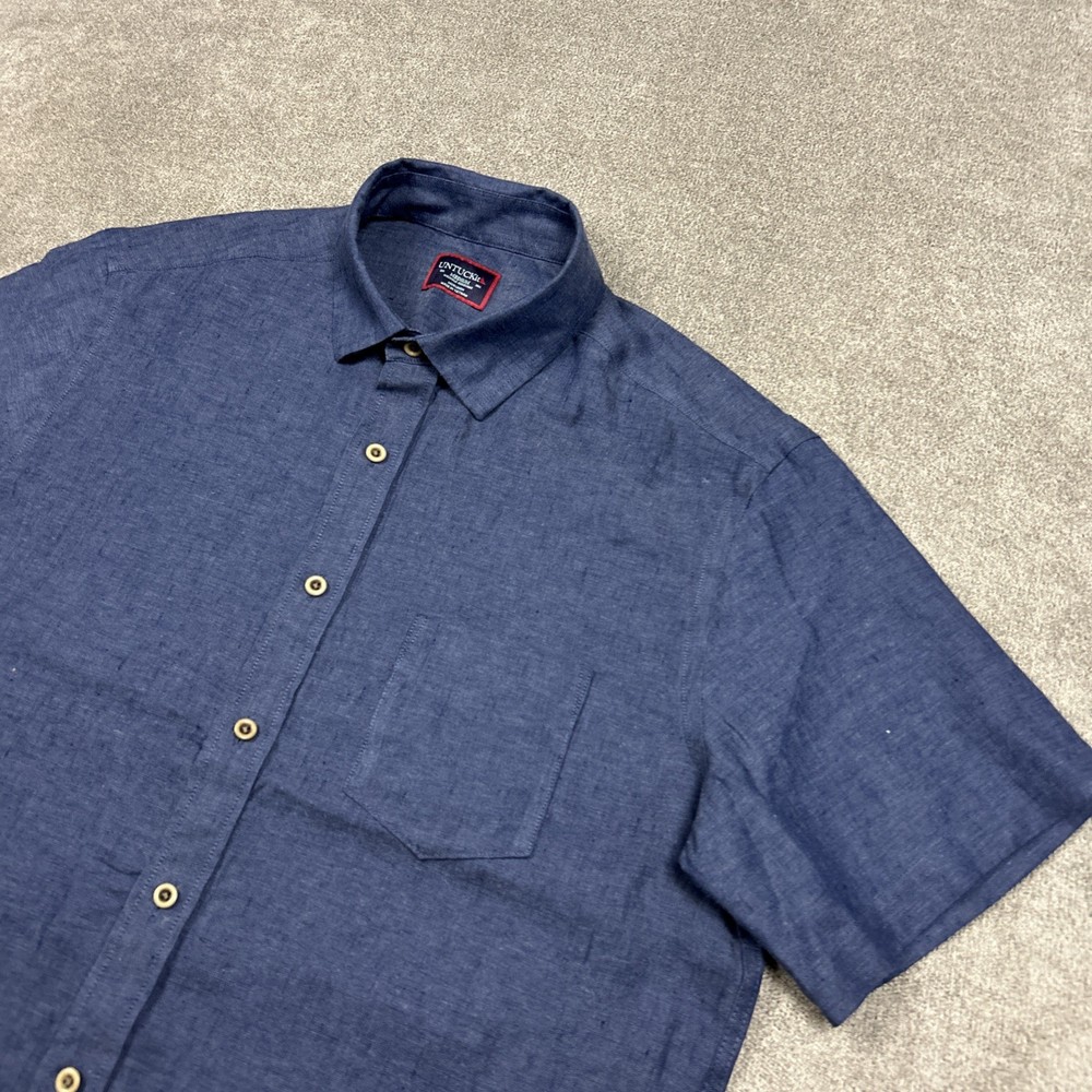 UNTUCKit Shirt Mens Medium 100% Linen Button Up Blue Short Sleeve Pocket Casual